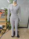 Women Autumn Casual Ribbed Hooded Zipper Top and Pant Two-Piece Set