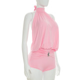 Women Halter Neck Tie-Waist Ruffled Backless Romper