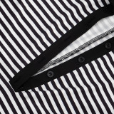 Women Striped Print Turndown Collar Short-Sleeve Three-Quarter Jumpsuit