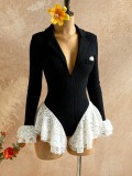 Women V Neck Lace Long-Sleeve Bodysuit