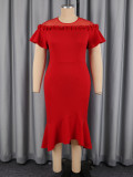 Plus Size Women Red Floral Fishtail Mesh Off-Shoulder Flutter Sleeve Formal Party Bodycon Dress