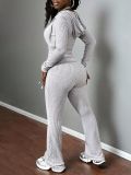 Women Autumn Casual Ribbed Hooded Zipper Top and Pant Two-Piece Set
