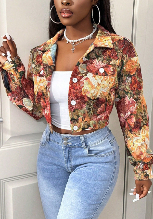 Women Jacquard Turndown Collar Jacket