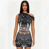 Women Leopard Print Slash Shoulder Sleeveless Top and Skirt Two-Piece Set