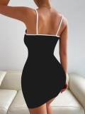 Women Strappy Cross-Hole Black and White Patchwork Sexy Bodycon Dress
