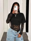 Women Sexy Lace See-Through Long-Sleeve Round Neck Black Bodysuit