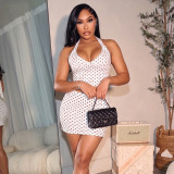 Women Polka Dot Print Halter Neck Tank Top Slit Skirt Two-Piece Set