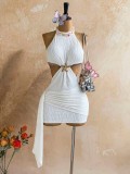 Women Halter Neck Starfish Hollow-Out Ribbon Pleated Holidays Bodycon Dress