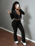 Women Autumn Casual Ribbed Hooded Zipper Top and Pant Two-Piece Set
