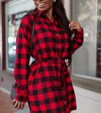 Women Autumn/Winter Metallic Button Plaid Print Dress