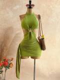 Women Halter Neck Starfish Hollow-Out Ribbon Pleated Holidays Bodycon Dress