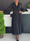 Plus Size Women Black Chiffon Ruffle Edge V-Neck Long-Sleeve Maxi Dress