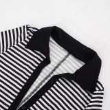Women Striped Print Turndown Collar Short-Sleeve Three-Quarter Jumpsuit