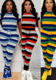 Women Striped Print Round Neck Short-Sleeve Top and Pants Two-Piece Set