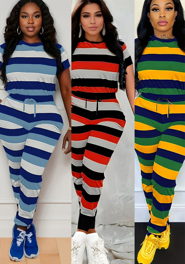Women Striped Print Round Neck Short-Sleeve Top and Pants Two-Piece Set