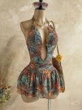 Women Printed Halter Neck Hollow-Out Bohemian Beach Holidays Dress