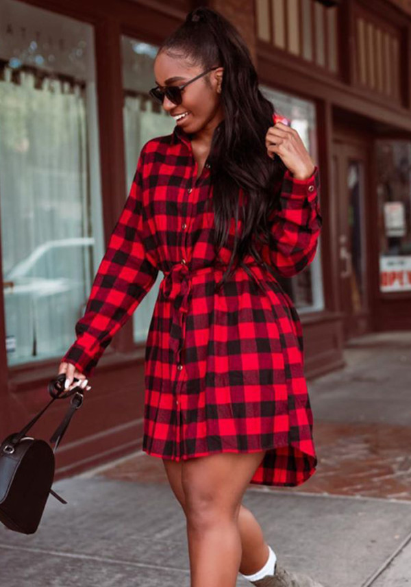 Women Autumn/Winter Metallic Button Plaid Print Dress