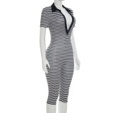 Women Striped Print Turndown Collar Short-Sleeve Three-Quarter Jumpsuit