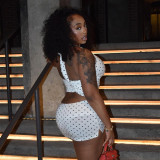 Women Polka Dot Print Halter Neck Tank Top Slit Skirt Two-Piece Set
