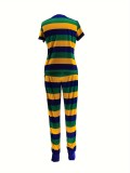 Women Striped Print Round Neck Short-Sleeve Top and Pants Two-Piece Set