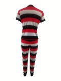 Women Striped Print Round Neck Short-Sleeve Top and Pants Two-Piece Set