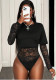 Women Sexy Lace See-Through Long-Sleeve Round Neck Black Bodysuit