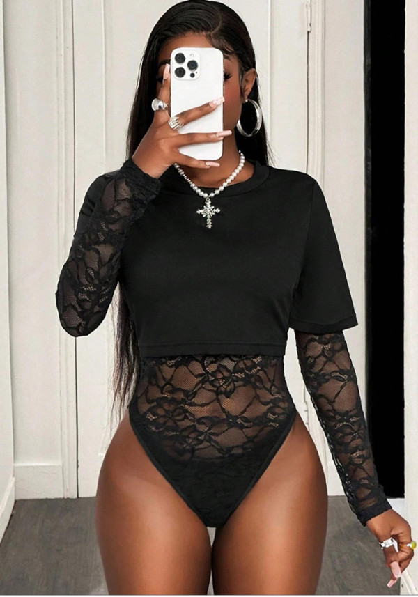 Women Sexy Lace See-Through Long-Sleeve Round Neck Black Bodysuit