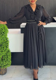 Plus Size Women Black Chiffon Ruffle Edge V-Neck Long-Sleeve Maxi Dress