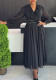 Plus Size Women Black Chiffon Ruffle Edge V-Neck Long-Sleeve Maxi Dress
