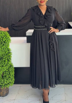 Plus Size Women Black Chiffon Ruffle Edge V-Neck Long-Sleeve Maxi Dress Plus Size Women Black Chiffon Ruffle Edge V-Neck Long-Sleeve Maxi Dress