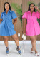 Women Casual Puff Sleeve Color Block Shirt Dress