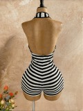 Women Spring/Summer Black and White Striped Halter Neck Hollow-Out Jumpsuit