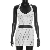 Women Polka Dot Print Halter Neck Tank Top Slit Skirt Two-Piece Set
