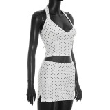 Women Polka Dot Print Halter Neck Tank Top Slit Skirt Two-Piece Set