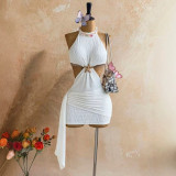 Women Halter Neck Starfish Hollow-Out Ribbon Pleated Holidays Bodycon Dress