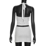 Women Polka Dot Print Halter Neck Tank Top Slit Skirt Two-Piece Set