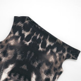 Women Leopard Print Slash Shoulder Sleeveless Top and Skirt Two-Piece Set