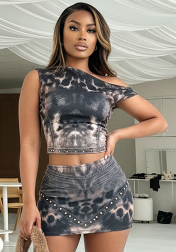 Women Leopard Print Slash Shoulder Sleeveless Top and Skirt Two-Piece Set