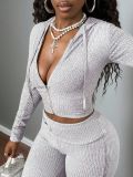 Women Autumn Casual Ribbed Hooded Zipper Top and Pant Two-Piece Set