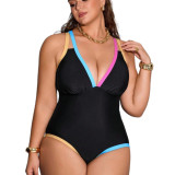 Plus Size Women Color Block Lace-Up One-Piece Swimwear