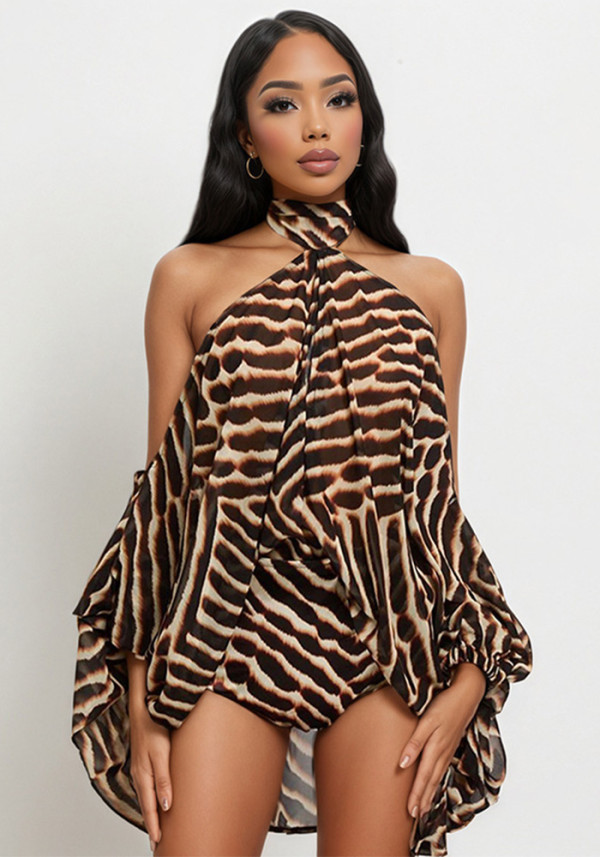Women American-Style Halter Neck Off-Shoulder Sexy Printed Top and Shorts Two-Piece Set