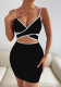 Women Strappy Cross-Hole Black and White Patchwork Sexy Bodycon Dress