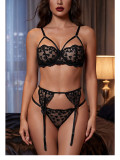 Women Lace Stockings Heart Print See-Through Mesh Suspender Lingerie Two-Piece Set