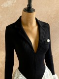 Women V Neck Lace Long-Sleeve Bodysuit