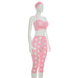 Women Strap Tank Tight Fit Polka Dot Headband Three-Piece Set