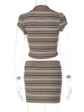 Women American Summer Striped V-neck Short Sleeve Skirt Set