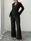 Women Casual Career Textured Bell Bottom Slim Waist Wide-Leg Pants Two-Piece Set