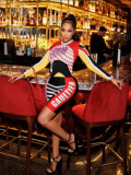 Women Sexy Letter Colorblock Long Sleeve Shorts Set