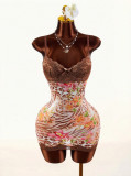 Women Sexy Lace Strap Slim Waist Print Low Back Bodycon Dress