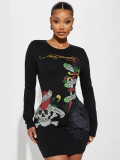 Women White Floral Round Neck Slim Waist Long Sleeve Bodycon Dress